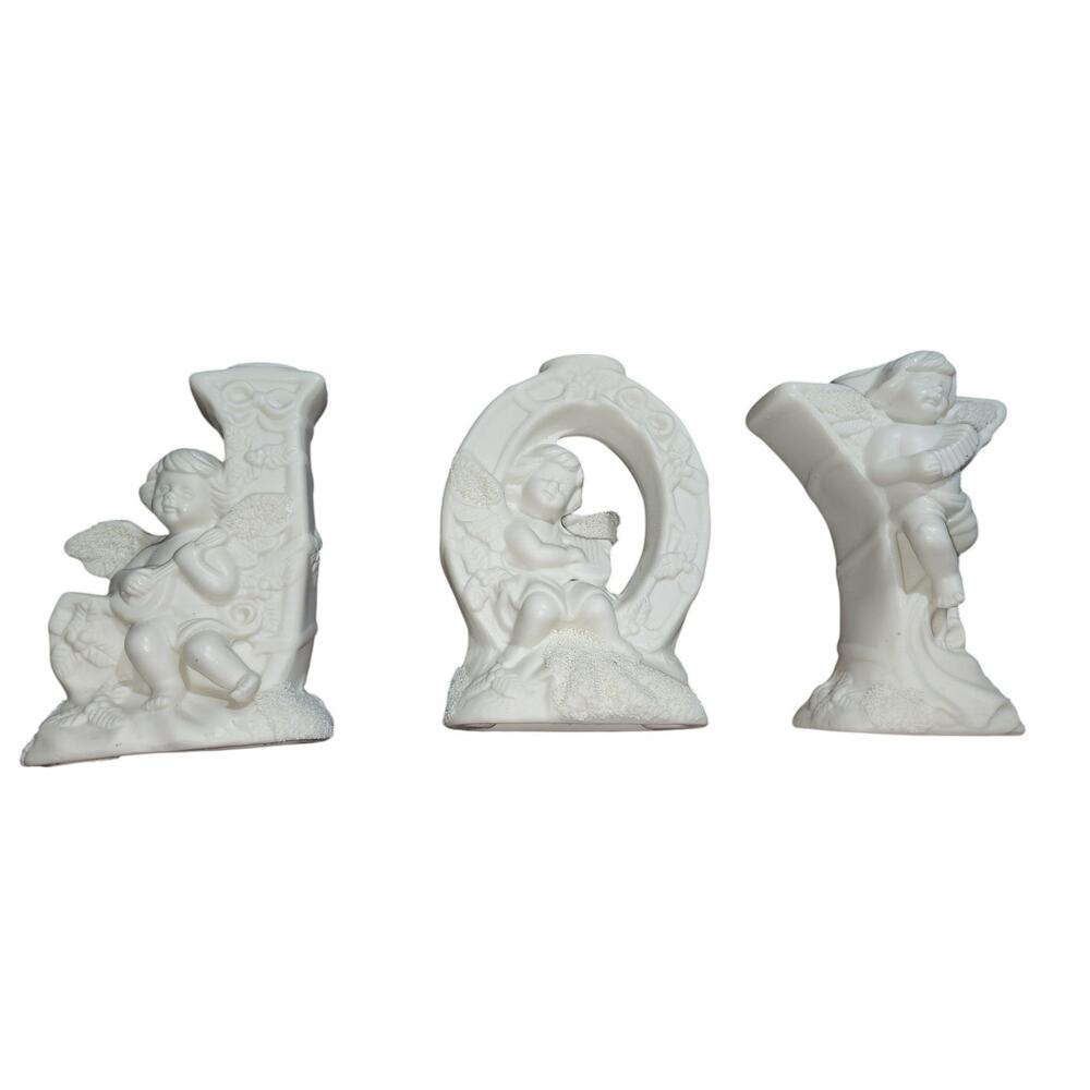 Set of 3 Angel Cherubs White Bisque Porcelain Christmas JOY Candle Holder